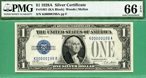 下3桁シリアル - K 00000198 A - 1928A $1 SC - Fr 1601 - PMG gem 66 EPQ-