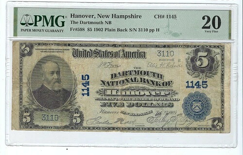 ニューハンプシャー州ハノーバー - $5 1902 プレーンバック ダートマス ナショナルバンク オブ #1145 PMG VF 20-