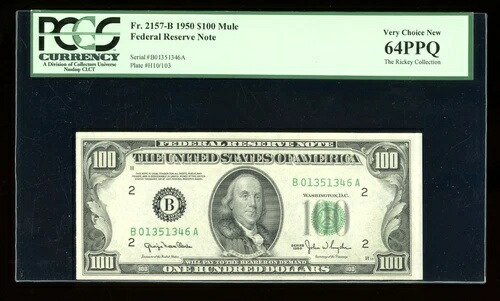 DBR 1950 $100 FRN ニューヨークミュール Fr. 2157-B PCGS 64 PPQ シリアル B01351346A-