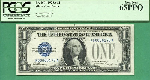 下3桁シリアル - K 00000178 A - 1928A $1 SC - Fr 1601 - PCGS GEM 65 PPQ