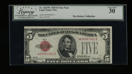 DBR 1928 $5 リーガル STAR Fr. 1525* レガシー 30 シリアル *00965061A