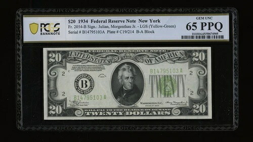 DBR 1934年 $20 LGS FRN ニューヨーク神父2054-Blgs PCGS-B 65 PPQ シリアル B14795103A-