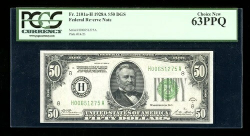 DBR 1928-A $50 DGS FRN セントルイス神父2101-Hdgs PCGS 63 PPQ シリアル H00651275A