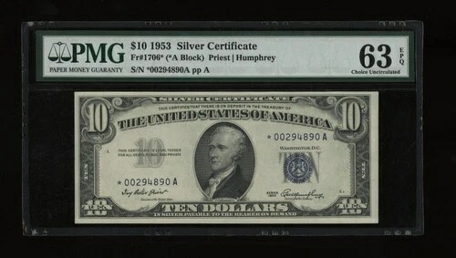 DBR 1953年 $10 シルバースター神父1706 * PMG 63 EPQ シリアル *00294890A-