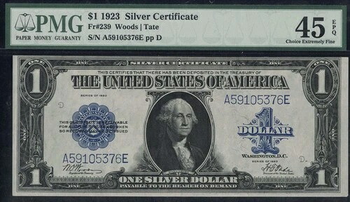 SC 1923年 $1 Fr.239 キーウッズ|テートシグ シルバー証明書 PMG 45 EPQ チョイス XF-