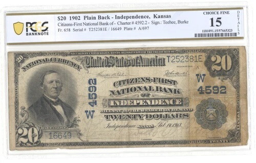 Ch 4592 Independent, Kansas KS 1902 $20 国立銀行紙幣 PCGS ファイン F15-