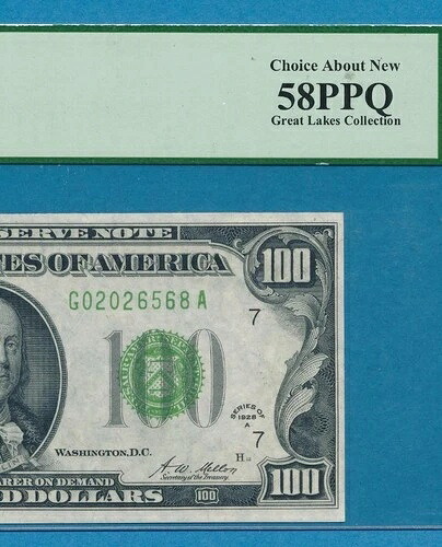 $100.1928-A 野球ライム グリーンシール FRN 再利用可能 ゴールド PCGS AU 58PPQ-