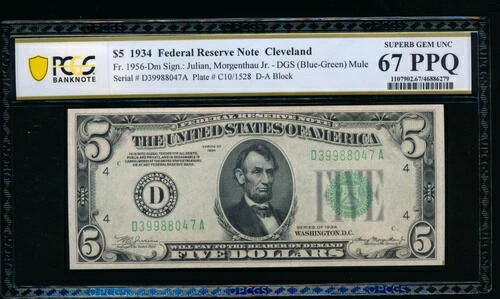 AC 1934 $5 クリーブランド FRN PCGS 67 PPQ ラバ Fr 1956-D