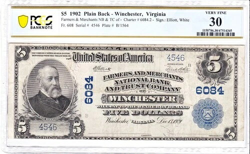 $5 1902 PB National WINCHESTER Virginia VA ???? PCGS 30 Very Fine! ???? さらに希少!