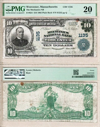 1902年 $10 メカニクス国立銀行 Fr. 624 CH# 1135 PMG VF20-