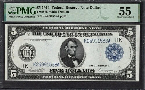1914年 $5 ダラス FRN PMG 55 Fr.887a アイテム #2000917-004-