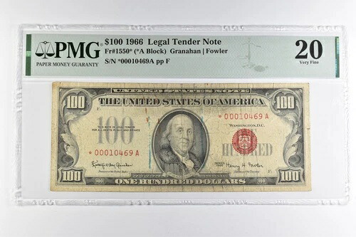 PMG VF 20 $100 1966年米国法定紙幣 レッドシール FR#1550* (*Aブロック) *8136
