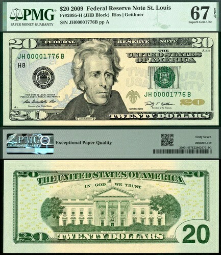 2009 $20 FRN FR-2095H ローファンシー アメリカ誕生年 1776 S/N JH00001776B USA
