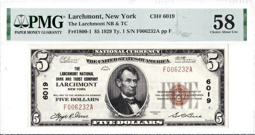 1929年$5 National LARCHMONT ニューヨーク NY ????最もよく知られている! ????PMG 58 チョイスAU-