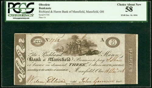 1816年-オハイオ州マンスフィールド-リッチランド&ヒューロン銀行$3-PCGS CH AU58-初期紙幣-