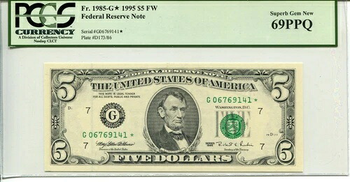FR 1985-G* スター 1995 $5 連邦準備銀行券 69 PPQ 極上品 新品