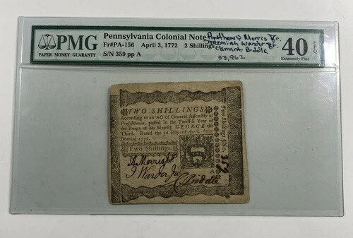 1772年 ペンシルベニア植民地紙幣 PMG EF40。 2シリング-