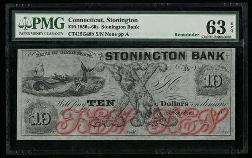 SC 1850s-60s Stoneington, CT Stoneington Bank $10 残り G48b PMG 63 EPQ-