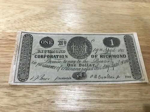 1861年 バージニア州リッチモンドの$1 Corporation 注記 ノンリスト ダブルシンプラスター付き-