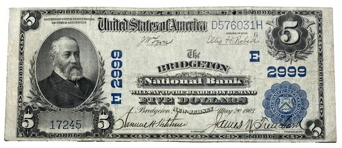 1902年 $5 ブリッジトン NJ ラージサイズ ナショナル CH# 2999-