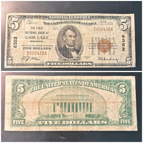レア 1929年 $5 キャスレイクミネソタ州ミネソタ州国通貨憲章 #6352-