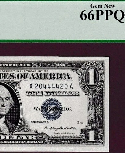 ファンシーブックエンド S/N 20444420 $1 1957 B シルバー証明書ノート Fr.1621 PCGS