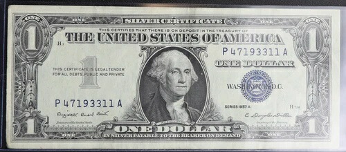 1957年 ブルーシール銀券 - 稀少なマージンエラーとユニークなシリアルナンバー