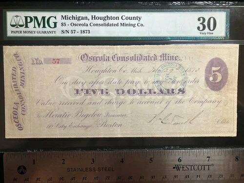 1873年 $5 オセオラ統合鉱山会社ホートン郡ミシガンPMG 30 VF-