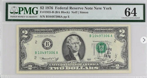 FR# 1935 $2 1976 ニューヨーク (BAブロック) ネフ/サイモン