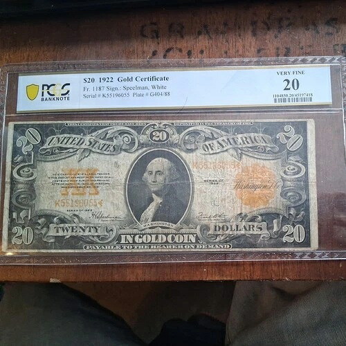 1922年 $20 金証明書 大手紙幣通貨 VF 20 PCGS紙幣-