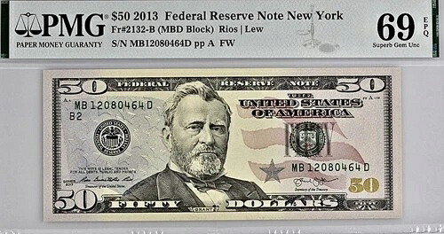 2013年 $50銀行準備紙幣 PMG 69epq-人口が少ない6- 110,000円