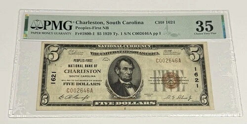最高級既知 1929 年 $5 チャールストン SC Ch #1621 PMG VF35 国立銀行券通貨-