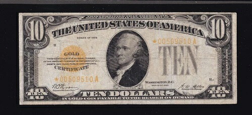 アメリカ 1928年 $10 ゴールド証明書スター紙幣 FR 2400 * F-VF (510 *)- 110,000円