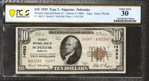 1929年 $10 セキュリティ銀行国家券通貨スーペリアネブラスカ PCGS 30 VF (540)-
