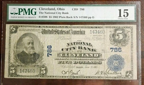 1902年 $5 クリーブランド・ナショナル PMG 15 Fr. 598 ライオンズ/ロバーツ CH#786 Pp O Low SN#-