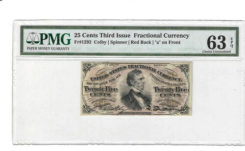 米国 25 セント小数通貨紙幣 赤色裏面文字「a」 FR 1292 PMG 63 EPQ 110,000円
