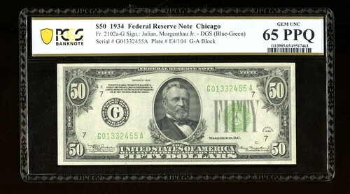 DBR 1934 $50 DGS FRN シカゴ ジェム Fr. 2102-Gdgs PCGS-B 65 EPQ シリアル G01332455A