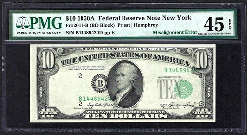 ???? 1950A $10 エラー ??オーバープリントがずれています?? PMG CH EX FINE 45 EPQ