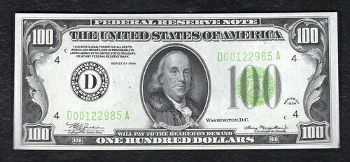 FR。 2152-Dlgs 1934年 $100 LGS ライトグリーンシール FRN クリーブランド OH 宝石 未流通-
