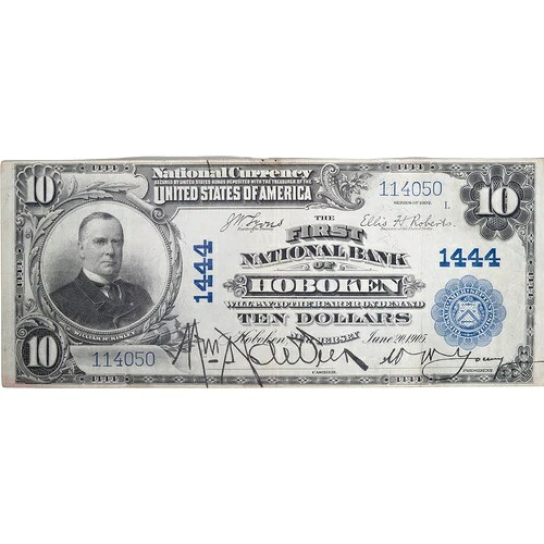 1902年 $10最初の国立ホーボーケン銀行 NJ 銀行稀少 VF状態-
