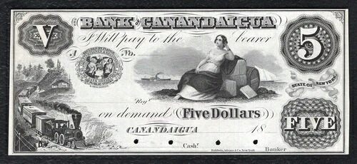 1800年代 $5 カナンダイグアニューヨーク銀行オブソレットプルーフ紙幣未流通-