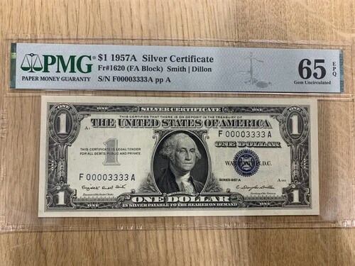 FR 1620 1957A $1 シルバー 証明書 ファンシー シリアル #00003333 PMG 65epq 949321-11-