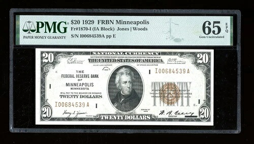 DBR 1929 $20 FRBN ミネアポリス Fr. 1870-I Gem PMG 65 EPQ シリアル I00684539A