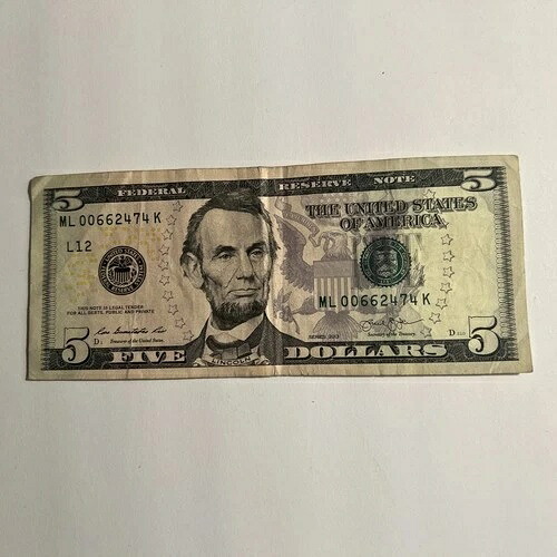 2013年 $5 連邦準備銀行ファンシービルシリアル番号 ML 00662474 K-