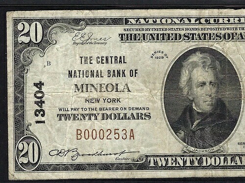 ニューヨーク 1929年 $20 ?? ニューヨーク州ミネオラ?? PMG VF20 発見のが難しい-