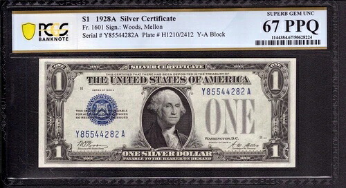 1928年 A $1 シルバー証明書ファニーバック FR.1601 YA ブロック PCGS Superb Gem 67 PPQ-