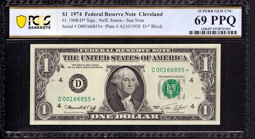 1974年 $1 FRN クリーブランド スター紙幣 FR.1908-D * トップポップ PCGS B スーパーブジェム 69 PPQ-