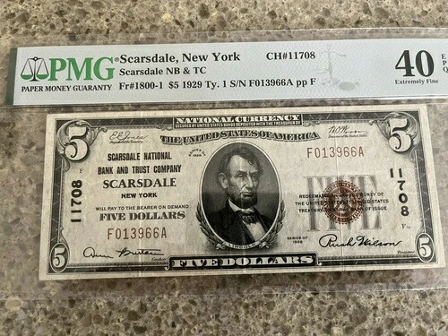 $5 1929 スカーズデール国立銀行 スカーズデール NY ニューヨーク CH 11708 PMG 40