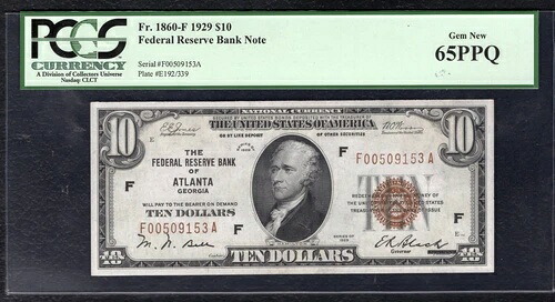 FR。 1860年-F 1929年 $10 FRBN アトランタ GA 宝石 未流通 - 65PPQ-