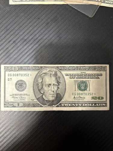 2002年 $20 スター FRN エラーあり SN CG 00870352*